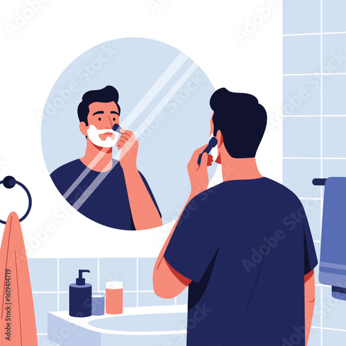 Man shaving face in front of bathroom mirror during morning routine preparing for the day ahead