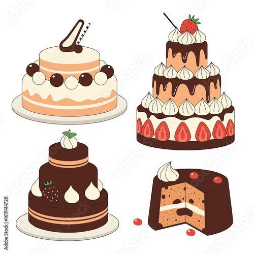 Delicate chocolate and vanilla layered cakes decorated with fresh fruit and cream frosting for special celebrations