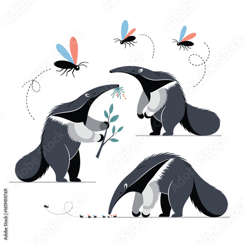 Three adorable anteaters engaged in insect gathering and foraging activities under the warm sun