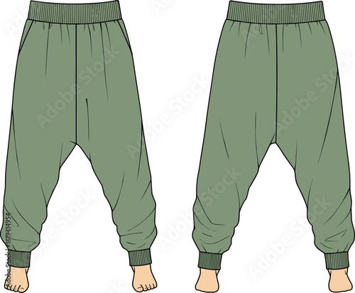 Harem pants front and back view, elastic waist and ankle, loose fit joggers fashion cad, vector sketch drawing