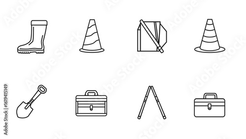 Vector line art icons depicting construction and safety equipment on white