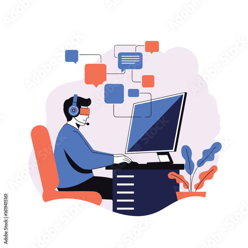 Customer service representative engaged in online communication and support on computer