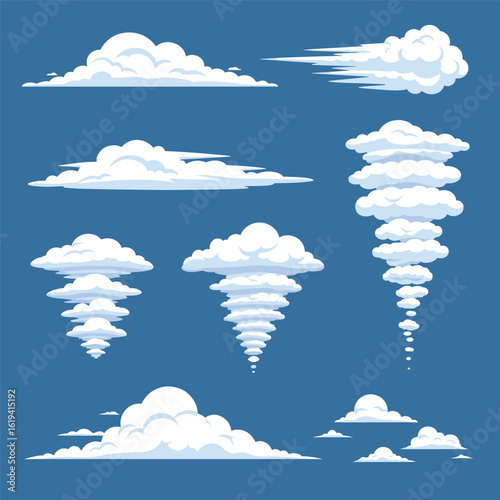 Collection of diverse wispy cloud formations evoking atmospheric textures for digital design projects