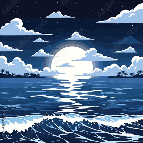 Tranquil nighttime ocean vista under a full moon with gentle waves and tropical islands