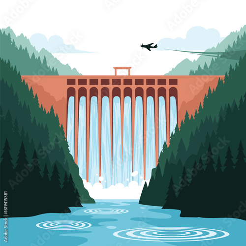 Massive concrete dam structure generates powerful water flow down steep mountain slopes amidst lush green forests