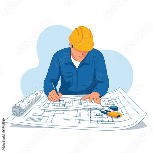 Architectural designer reviewing construction blueprints and plans for building project