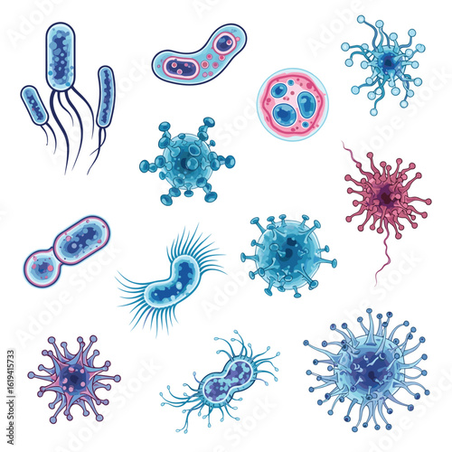 Detailed microscopic views of diverse bacterial and viral organisms and their cellular structures