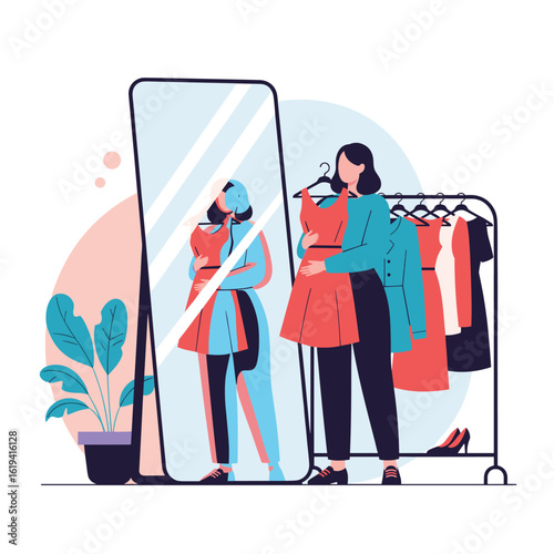 Fashionable woman trying on dresses near mirror and clothing rack with variety of apparel options