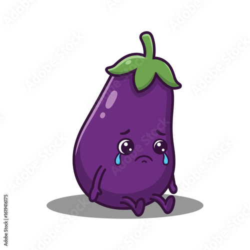 Sad cartoon eggplant character illustration crying vegetable emoticon purple aubergine emoji vector graphic