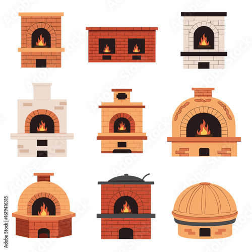 Collection of various brick outdoor ovens used for baking delicious pizzas and roasting meats