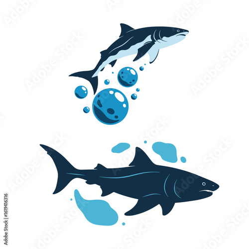 Majestic sharks gracefully navigate through clear ocean waters producing bubbles