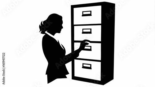Silhouette of woman opening a filing cabinet drawer in an office environment with white background scene