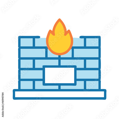 Stylized burning fireplace illustration with brick design and flames