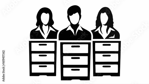 Three people standing behind filing cabinets in black and white office environment design style silhouette