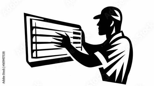Man in cap adjusting window blinds in silhouette style with strong contrast and detailed hand gestures