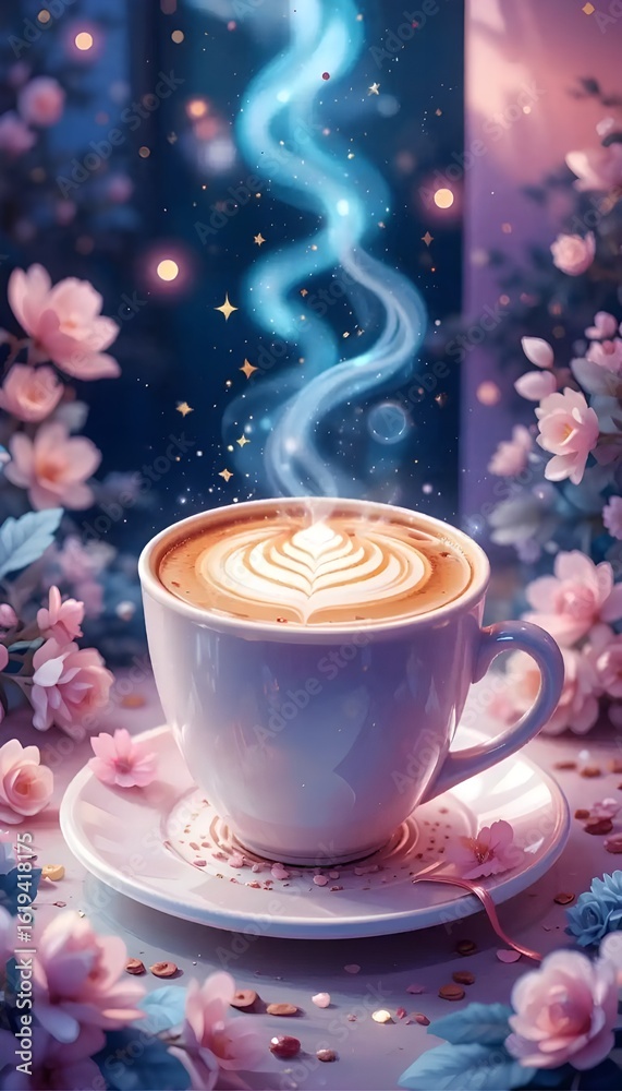 Fototapeta premium Illustration of a dreamy coffee scene with pastel tones, cute latte art and soft glowing background.
