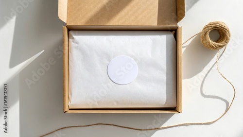 Open cardboard box with white wrapped contents and twine