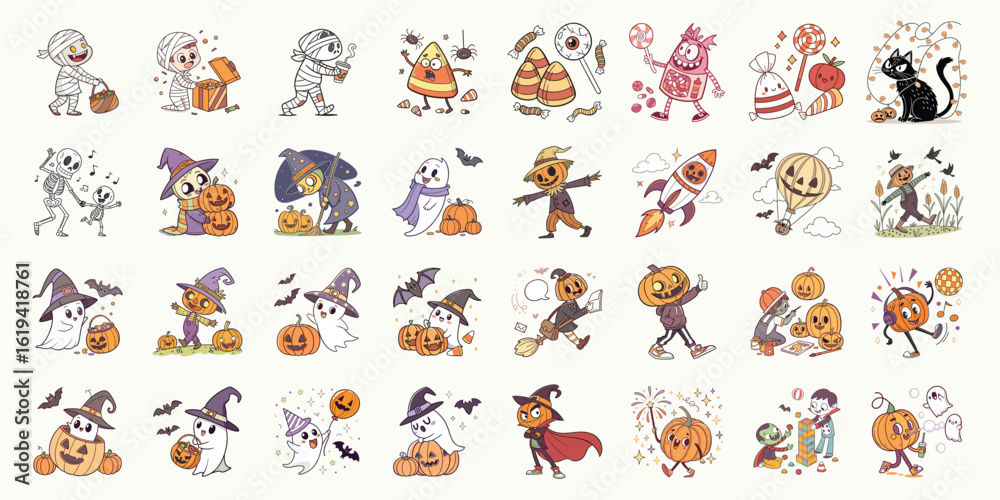 Obraz premium A cartoon Halloween sticker sheet displays playful ghosts, candy, monsters, pumpkins, and mummy characters