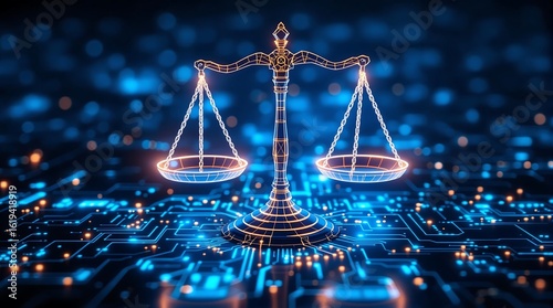 Digital law and justice concept scales of justice on circuit board background design