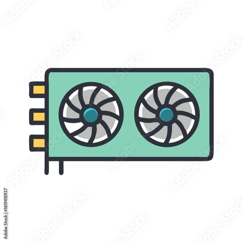 Illustration of a dual-fan graphics card with PCB details