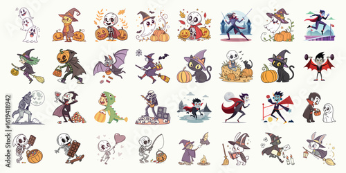 Cartoon Halloween characters depict diverse spooky entities in various activities against a neutral background