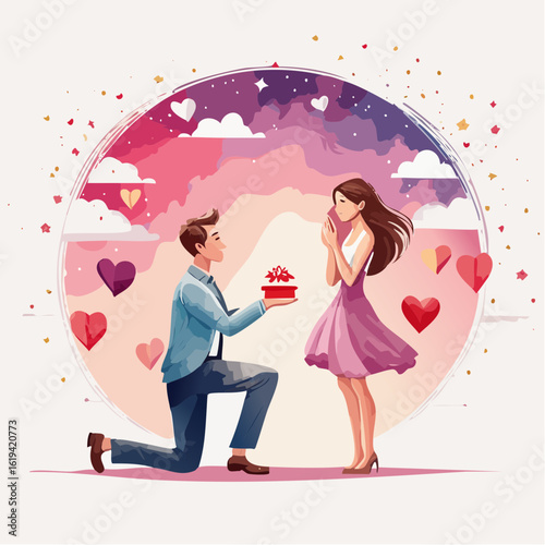 A romantic proposal moment captured in soft watercolor style, showing a man on one knee with a ring.