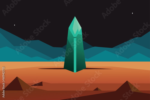 Emerald Obelisk in Desert Landscape