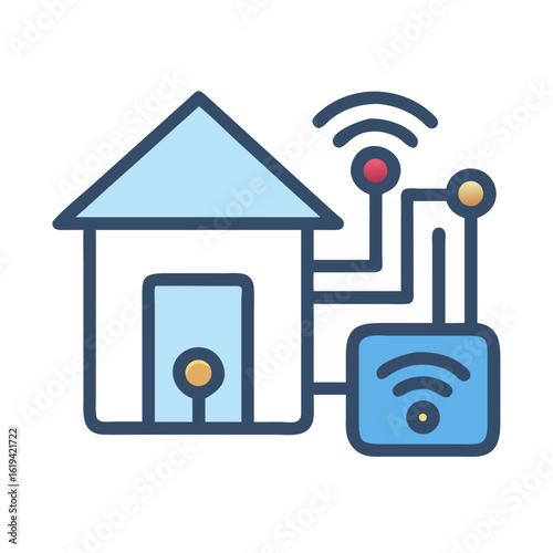 Smart home automation system illustrated with a light blue house