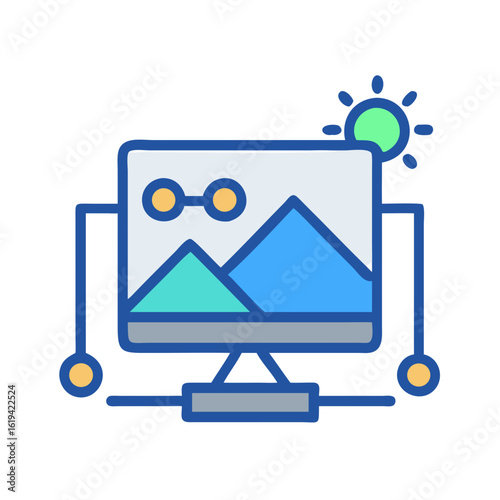 Illustration of mountain range with sunlight connected to network
