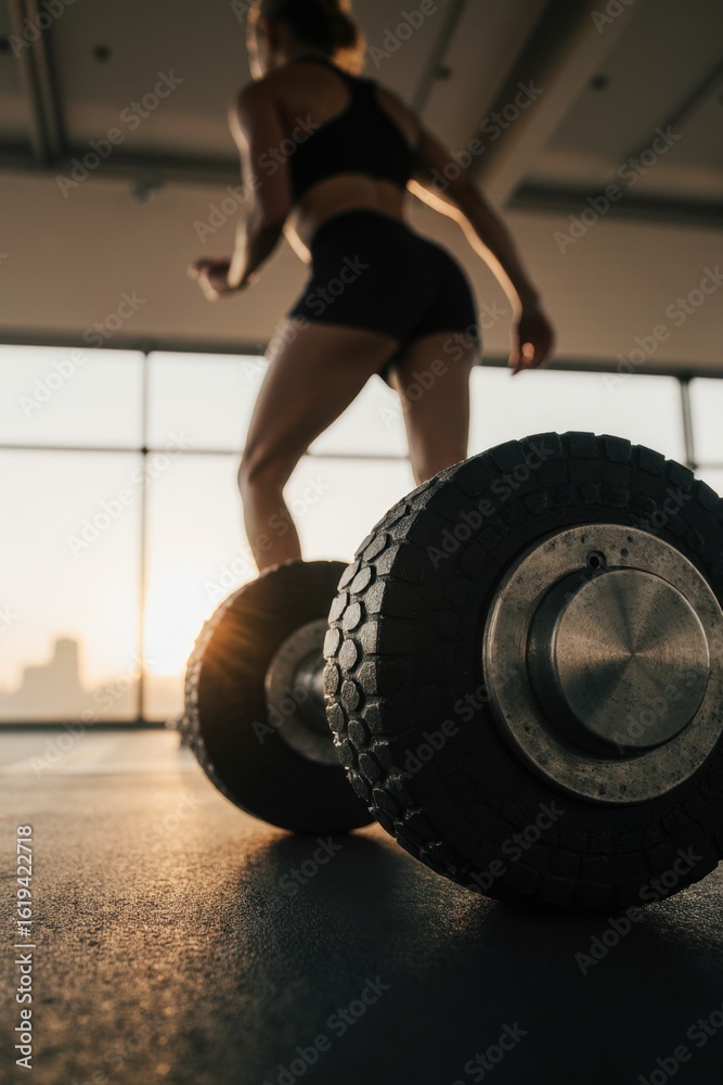 Naklejka premium Dumbbells on the floor in a modern gym, with an athlete blurred in the distance. Dynamic and motivating composition for sports themes.
