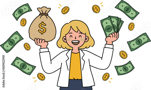 Happy woman holding a bag of money and cash, surrounded by dollar bills and coins, cheerful expression, financial success, investment