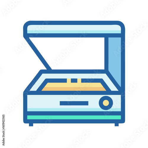 Stylized scanner illustration with lid open on black background