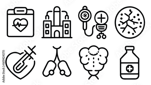 Health checkup icon set. Contains such icons as hospital, doctor, nurse, stethoscope, instruments, research, organs, tests, viruses, lung, liver, brain, eye, hearing, kidneys, stomach and more
