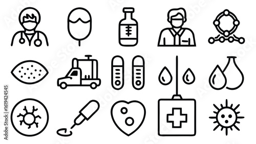 Health checkup icon set. Contains such icons as hospital, doctor, nurse, stethoscope, instruments, research, organs, tests, viruses, lung, liver, brain, eye, hearing, kidneys, stomach and more
