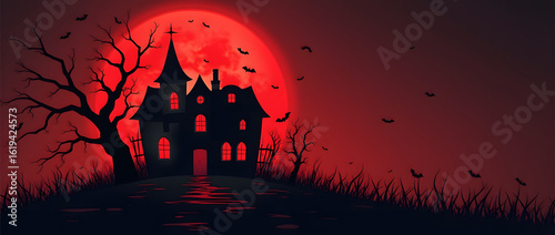 Manoir hanté avec lune rouge et arbres dénudés, ambiance mystérieuse