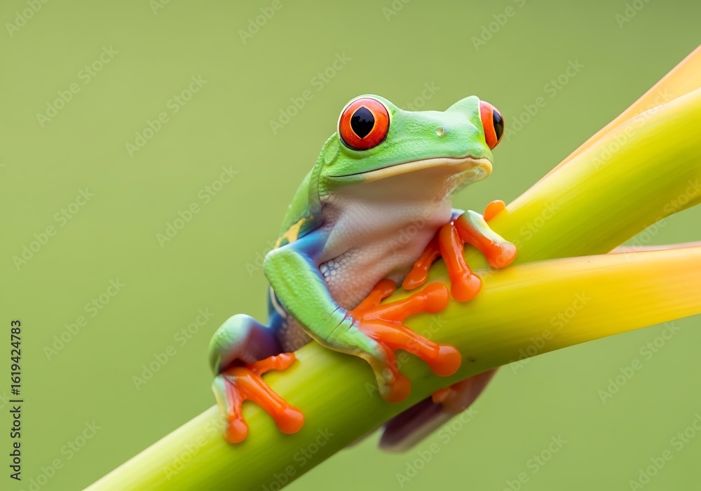 Obraz premium Vibrant red eyed tree frog perched on a green stem