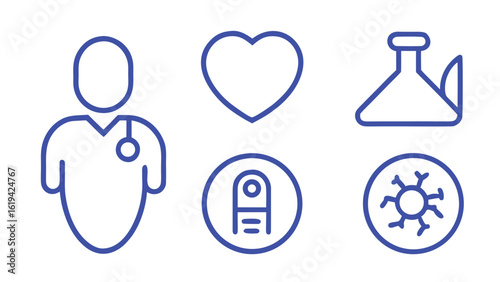 Health checkup icon set. Contains such icons as hospital, doctor, nurse, stethoscope, instruments, research, organs, tests, viruses, lung, liver, brain, eye, hearing, kidneys, stomach and more
