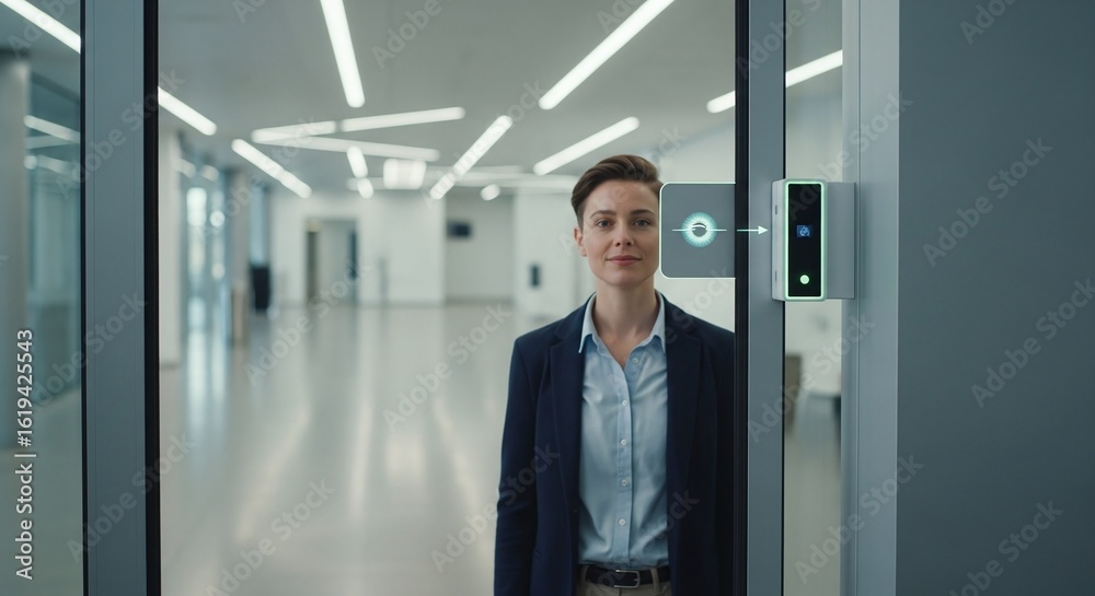 Confident businesswoman using iris scanner for secure access in modern office building with biometric technology Confident businesswoman using iris scanner for secure access in modern office building with biometric technology