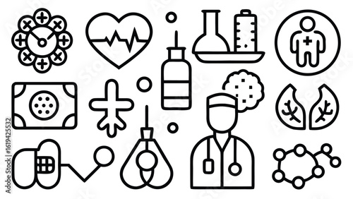Health checkup icon set. Contains such icons as hospital, doctor, nurse, stethoscope, instruments, research, organs, tests, viruses, lung, liver, brain, eye, hearing, kidneys, stomach and more
