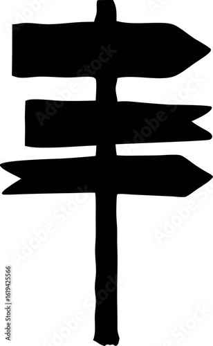 wooden signpost arrow silhouette vector, road direction black symbol, 