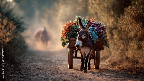 A donkey carries harvested goods down a rustic dirt road.