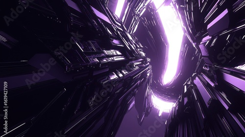 Abstract futuristic tunnel with glowing light and metallic structures.