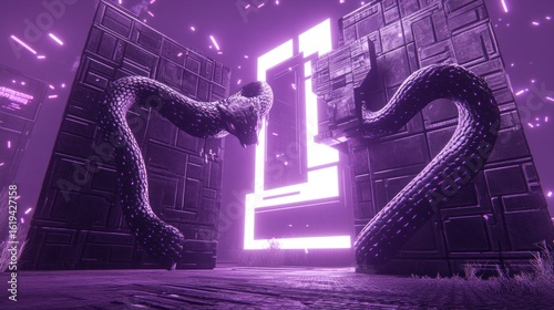 Abstract, futuristic scene with purple neon light, glowing structures, and serpent-like creatures.