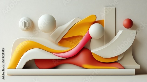 Abstract, geometric, colorful shapes in pastel tones arranged on a light beige background.