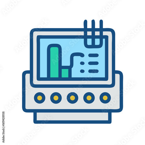Stylized icon showing laboratory equipment and data output display