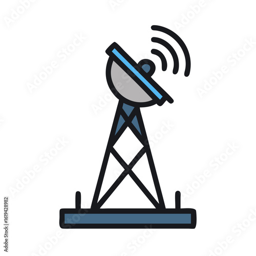 Illustrated communication tower broadcasting signals against a black background