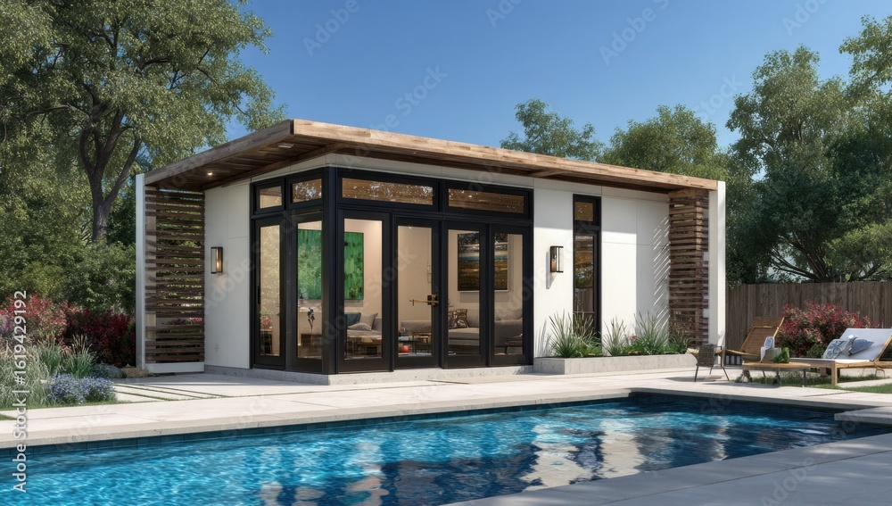 Fototapeta premium Modern, light-filled guesthouse by a pool