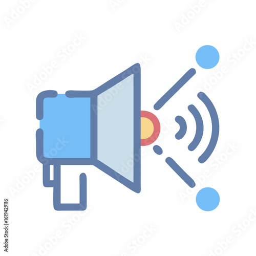 Blue megaphone emitting sound waves, announcement and promotion concept