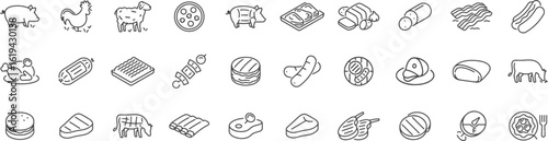 Meat and Animal Product Icons – Beef, Chicken, Sausage, Pork, Butcher Cuts, Grill Meat, Deli Products, Meat Packaging, Food Cuts

