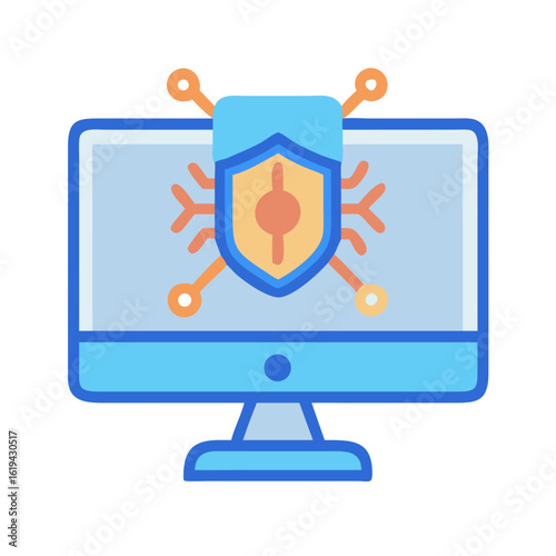 Cartoon computer monitor protected by antivirus shield against cyberattack